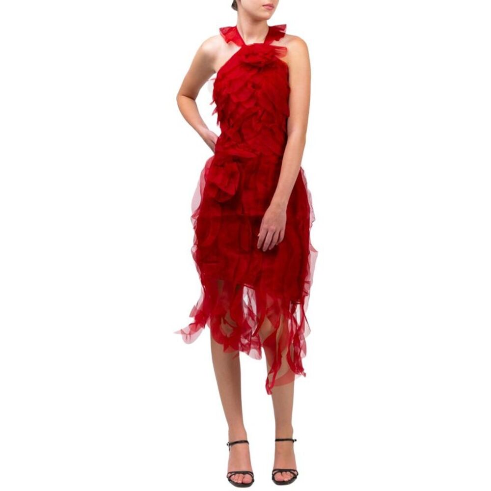 Marchesa Notte Womens Matte Organza Silk Midi Dress, Red